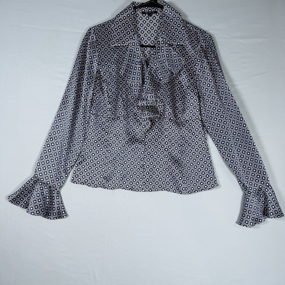Anne Klein Size-4 Blouse Silk Ruffle Collar V Neck Geometric‎ Blue White